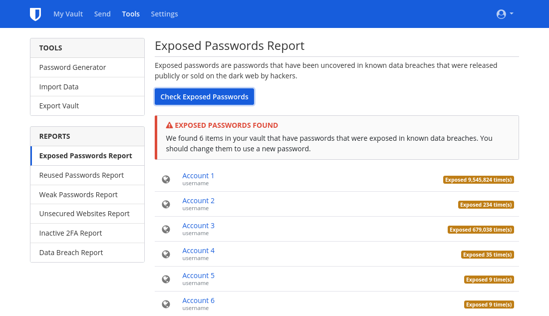 Bitwarden's Data Breach Report feature